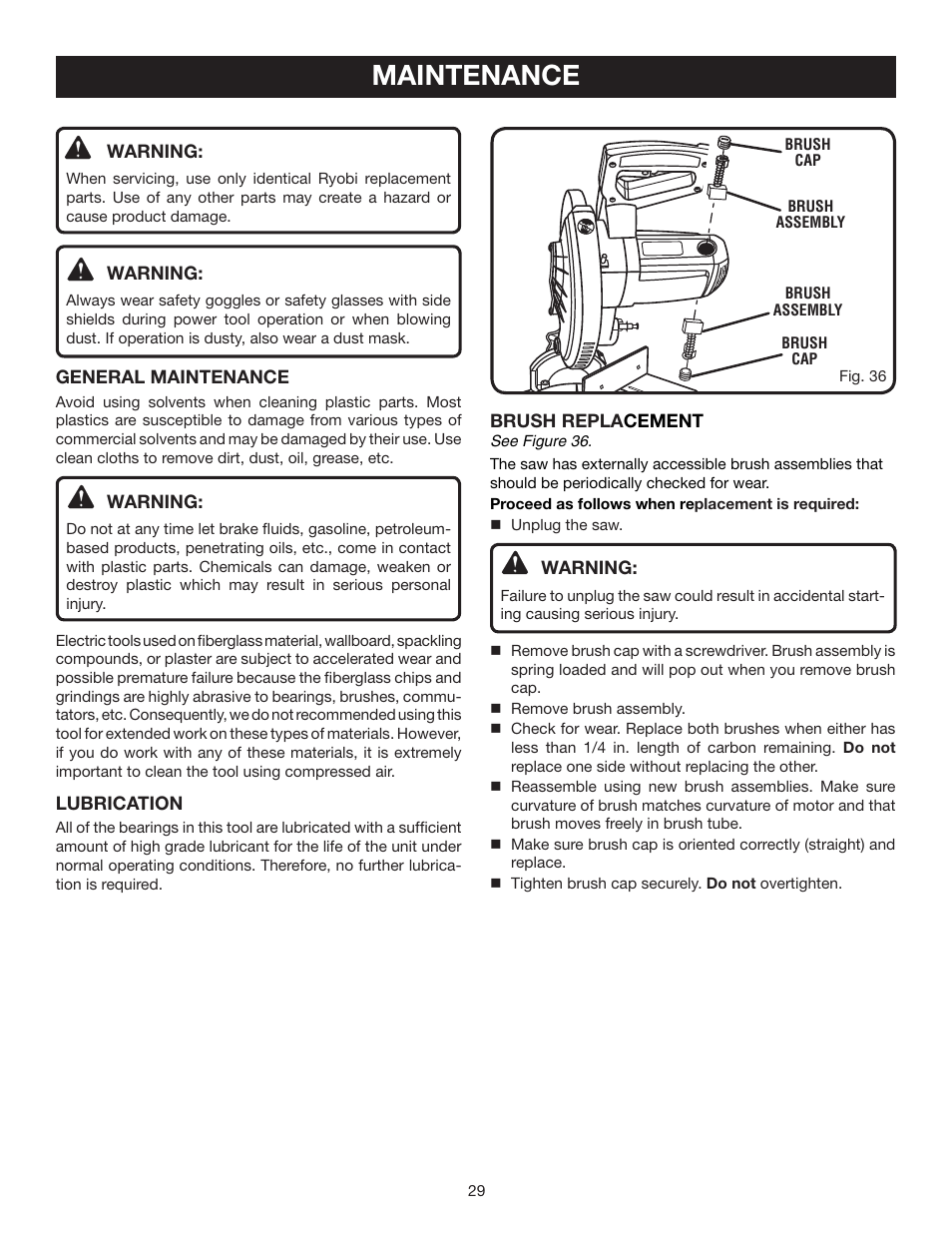 Maintenance | Ryobi TS1342LBF User Manual | Page 29 / 32