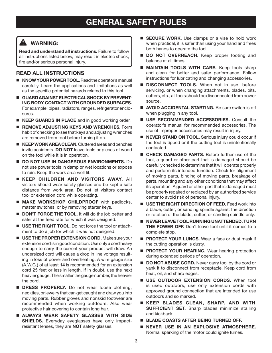 General safety rules | Ryobi TS1342LBF User Manual | Page 3 / 32