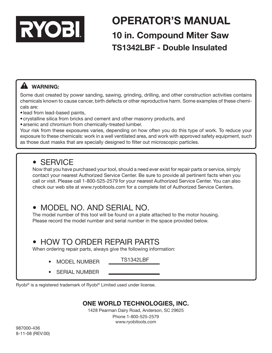 Operator’s manual, 10 in. compound miter saw, Service | Model no. and serial no, How to order repair parts, Ts1342lbf - double insulated | Ryobi TS1342LBF User Manual | Page 32 / 32