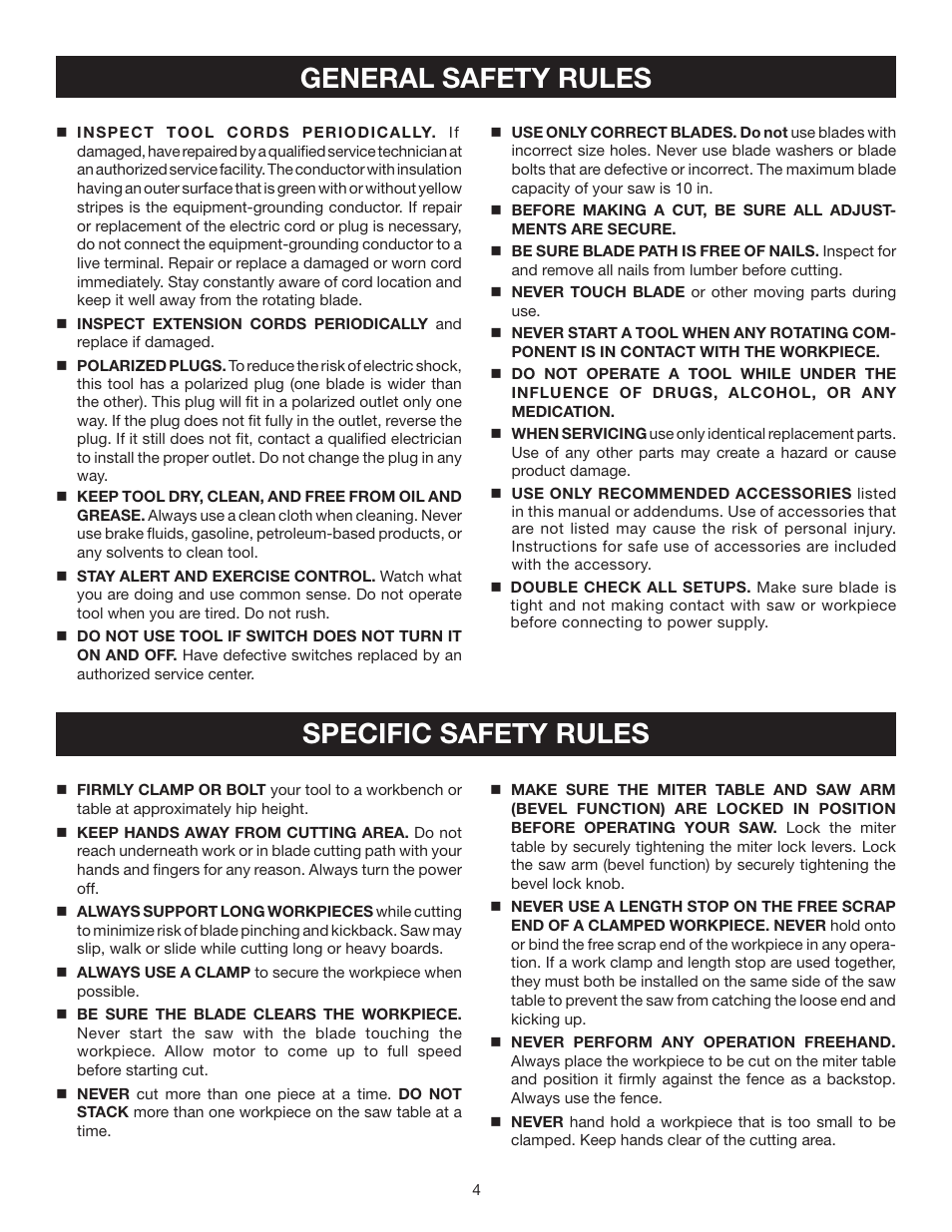 General safety rules, Specific safety rules | Ryobi TS1342LBF User Manual | Page 4 / 32