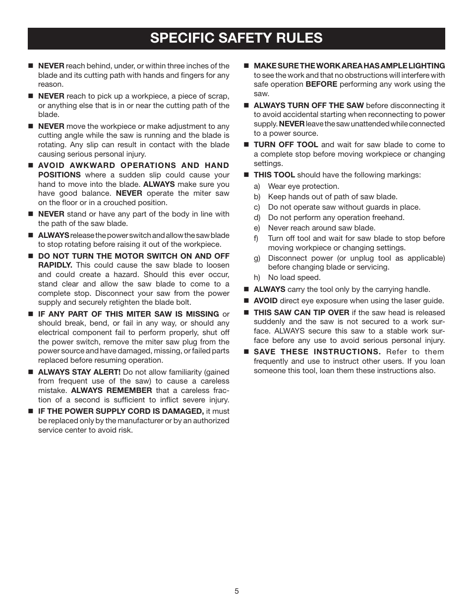 Specific safety rules | Ryobi TS1342LBF User Manual | Page 5 / 32