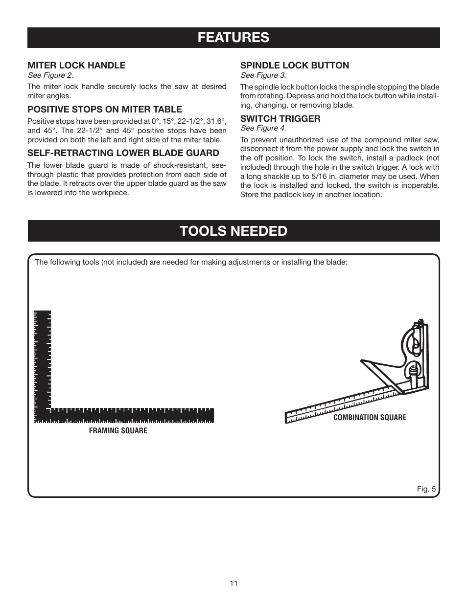 Features, Tools needed | Ryobi TS1343L User Manual | Page 11 / 30