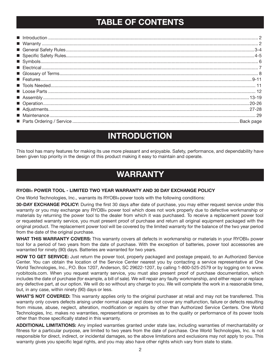 Table of contents introduction, Warranty | Ryobi TS1343L User Manual | Page 2 / 30