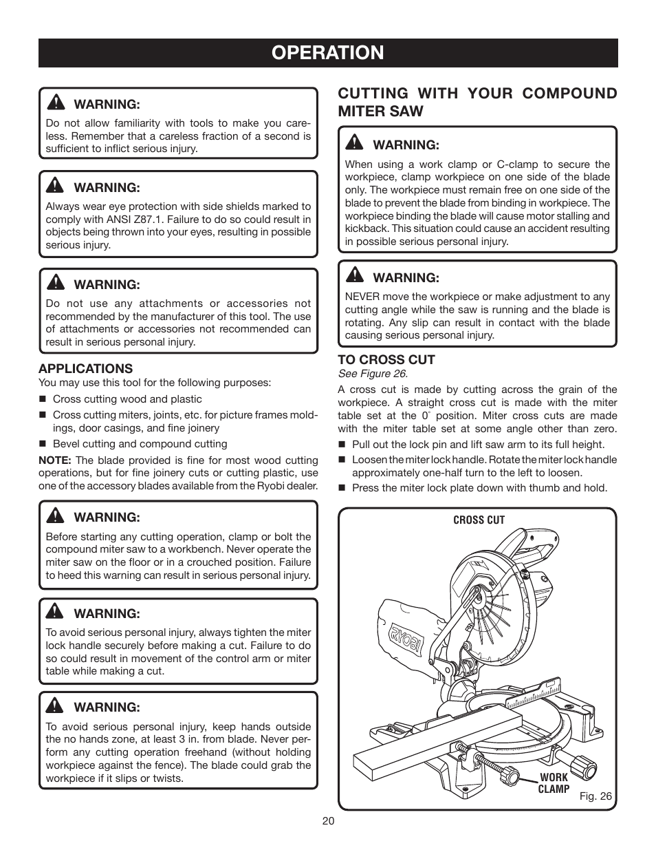 Operation, Cutting with your compound miter saw | Ryobi TS1343L User Manual | Page 20 / 30