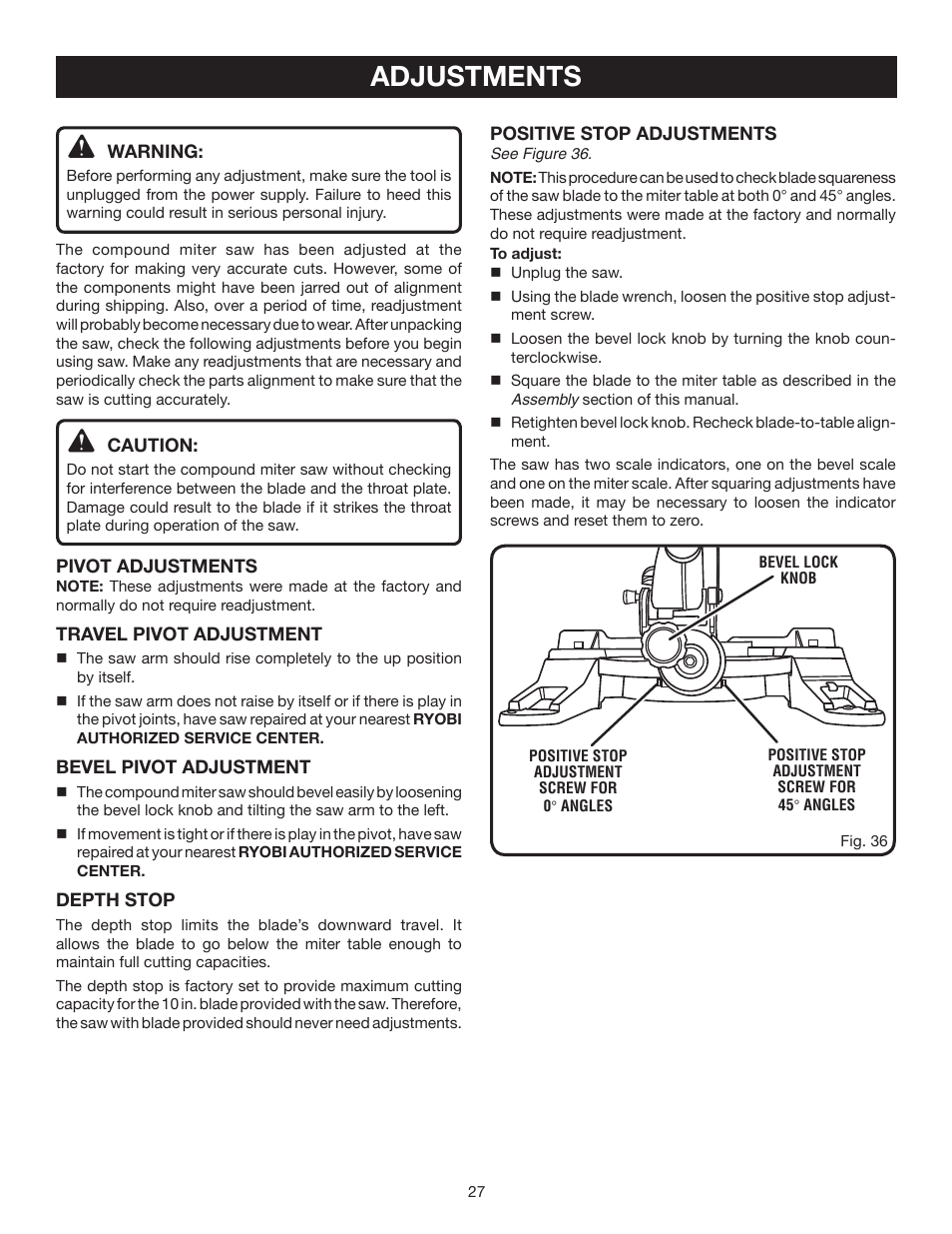Adjustments | Ryobi TS1343L User Manual | Page 27 / 30
