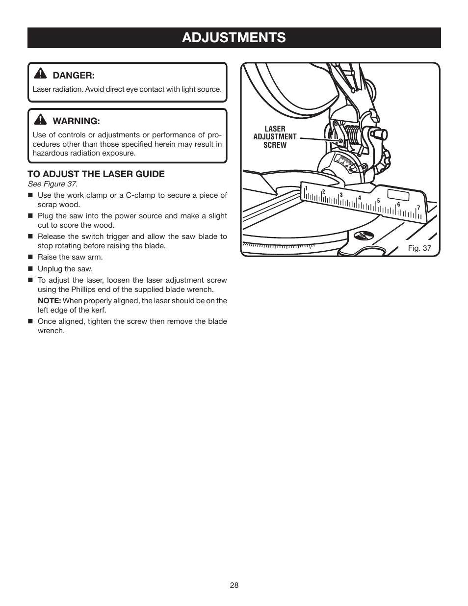 Adjustments | Ryobi TS1343L User Manual | Page 28 / 30