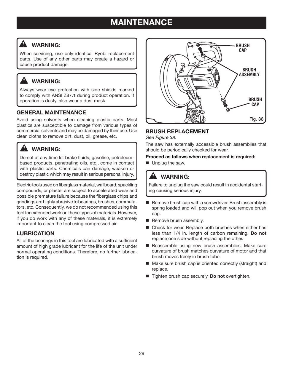 Maintenance | Ryobi TS1343L User Manual | Page 29 / 30