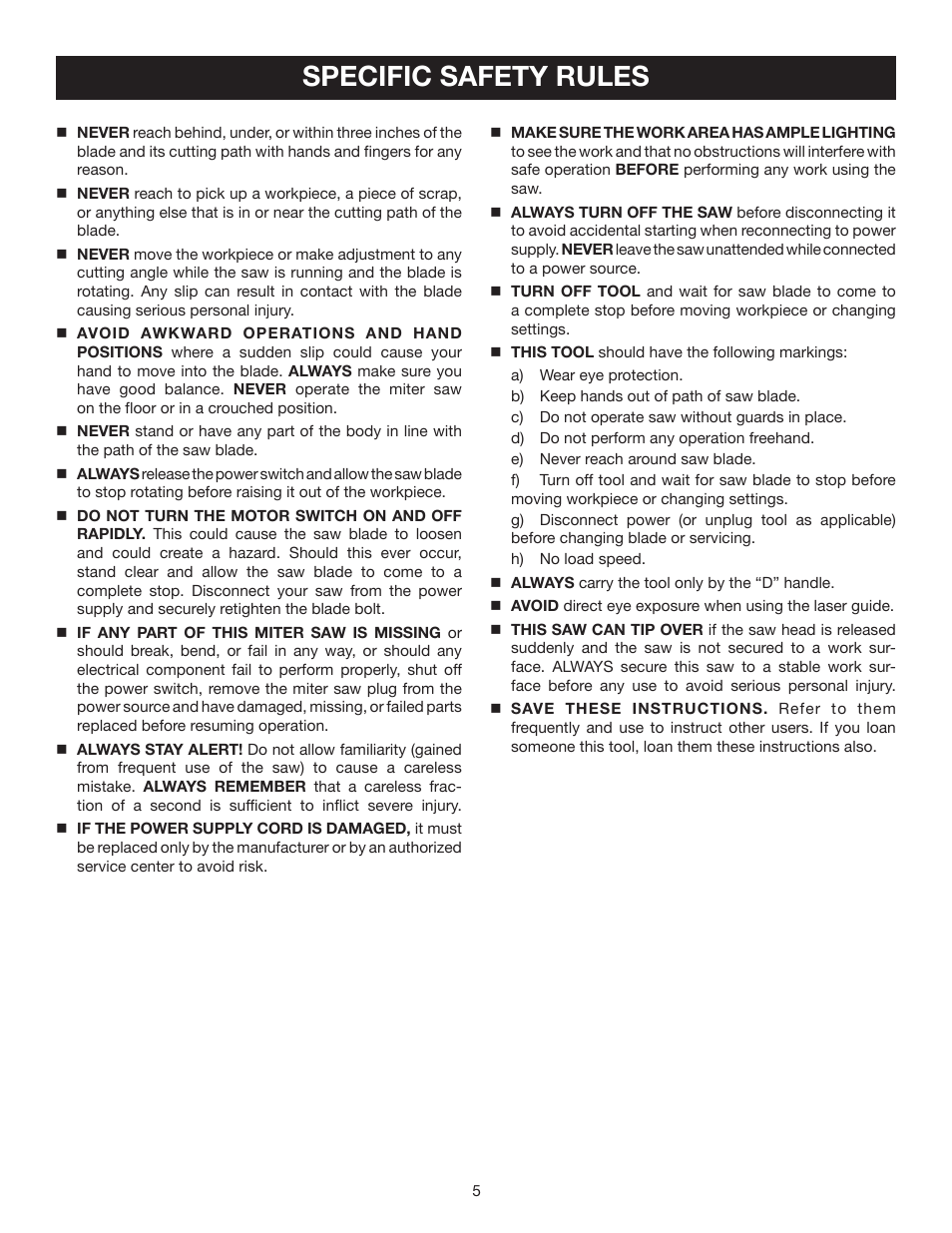 Specific safety rules | Ryobi TS1343L User Manual | Page 5 / 30