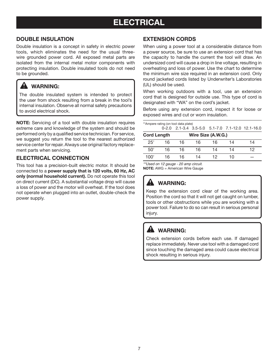 Electrical | Ryobi TS1343L User Manual | Page 7 / 30
