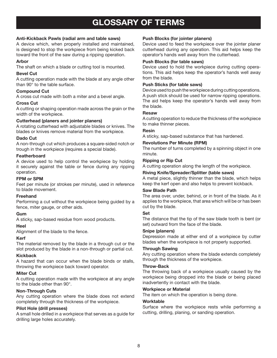 Glossary of terms | Ryobi TS1343L User Manual | Page 8 / 30