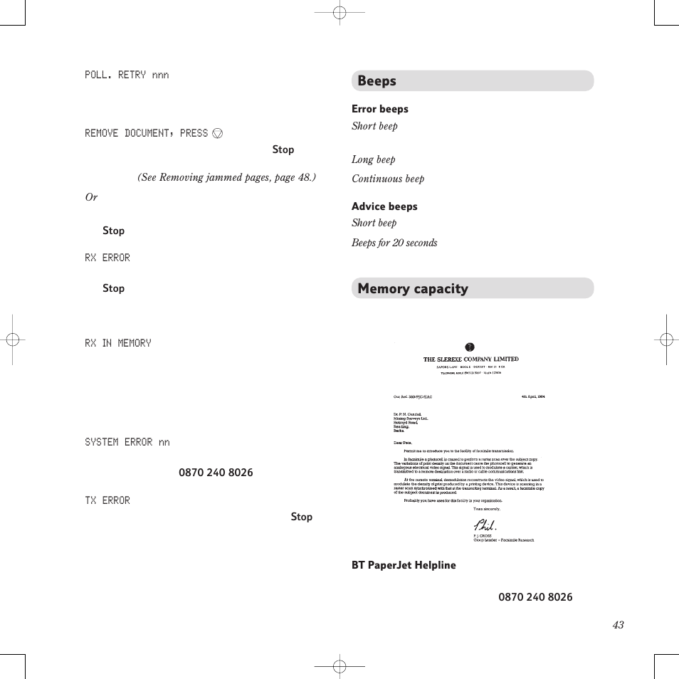 Beeps | BT PaperJet 50e User Manual | Page 43 / 54