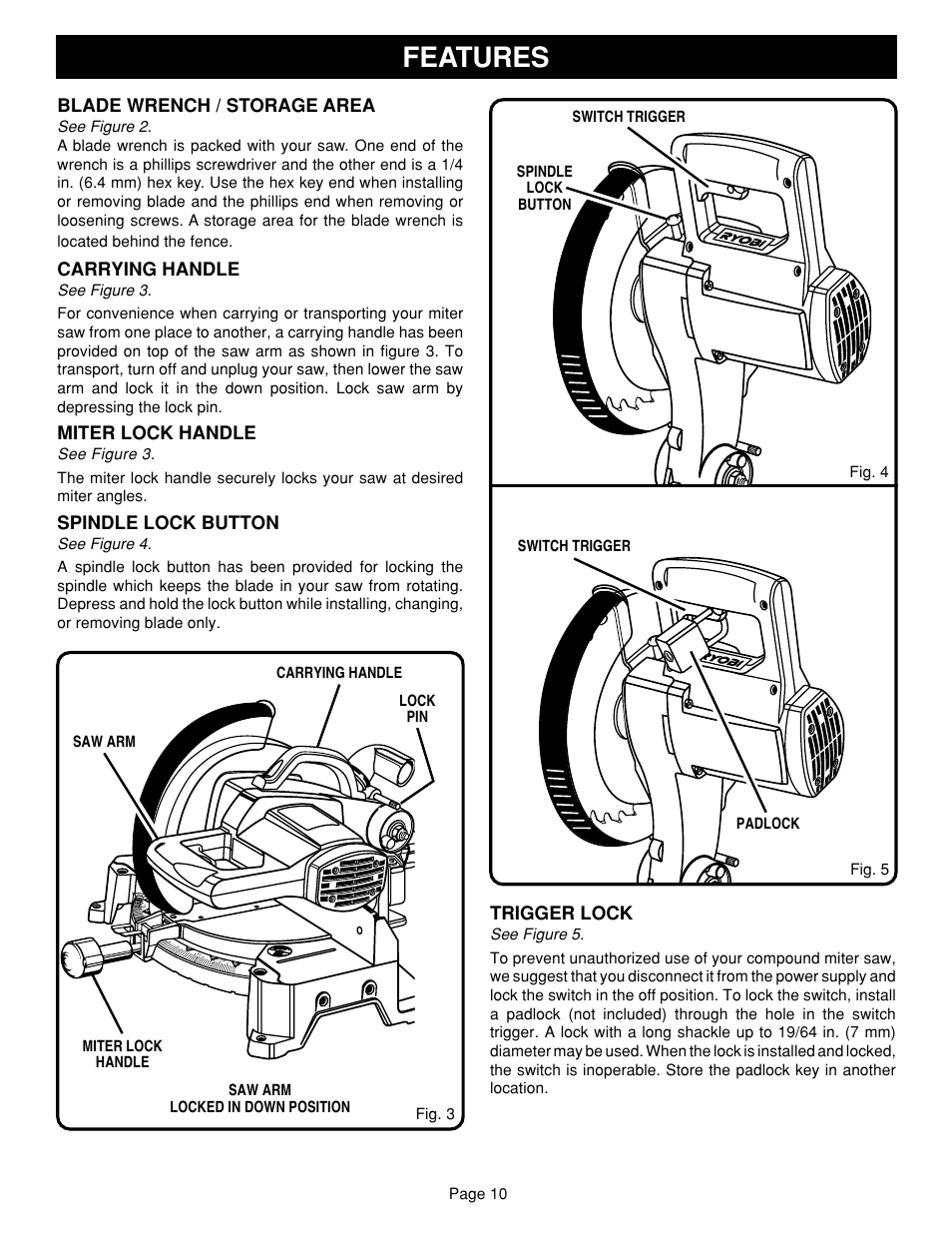 Features, Blade wrench / storage area, Carrying handle | Miter lock handle, Spindle lock button, Trigger lock | Ryobi TS1351 User Manual | Page 10 / 30