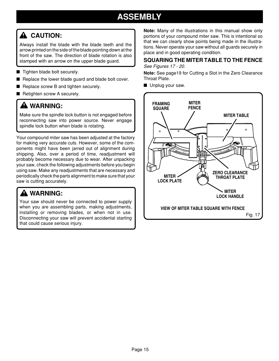 Assembly, Caution, Warning | Ryobi TS1351 User Manual | Page 15 / 30