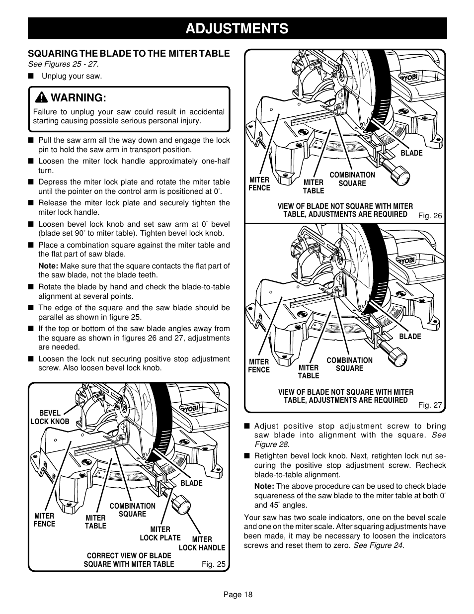 Adjustments, Warning, Squaring the blade to the miter table | Page 18, See figures 25 - 27. ■ unplug your saw, Bevel (blade set 90, And 45 | Ryobi TS1351 User Manual | Page 18 / 30