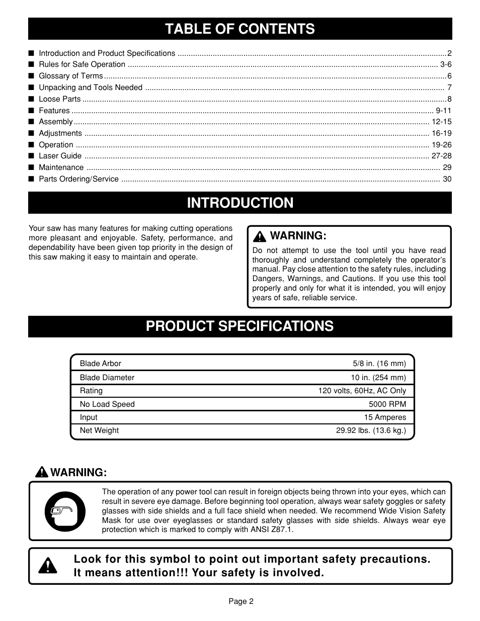 Table of contents product specifications, Introduction, Warning | Ryobi TS1351 User Manual | Page 2 / 30