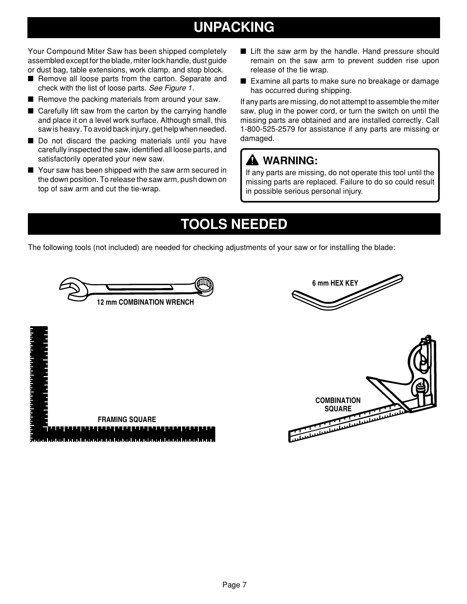Unpacking, Tools needed, Warning | Ryobi TS1351 User Manual | Page 7 / 30