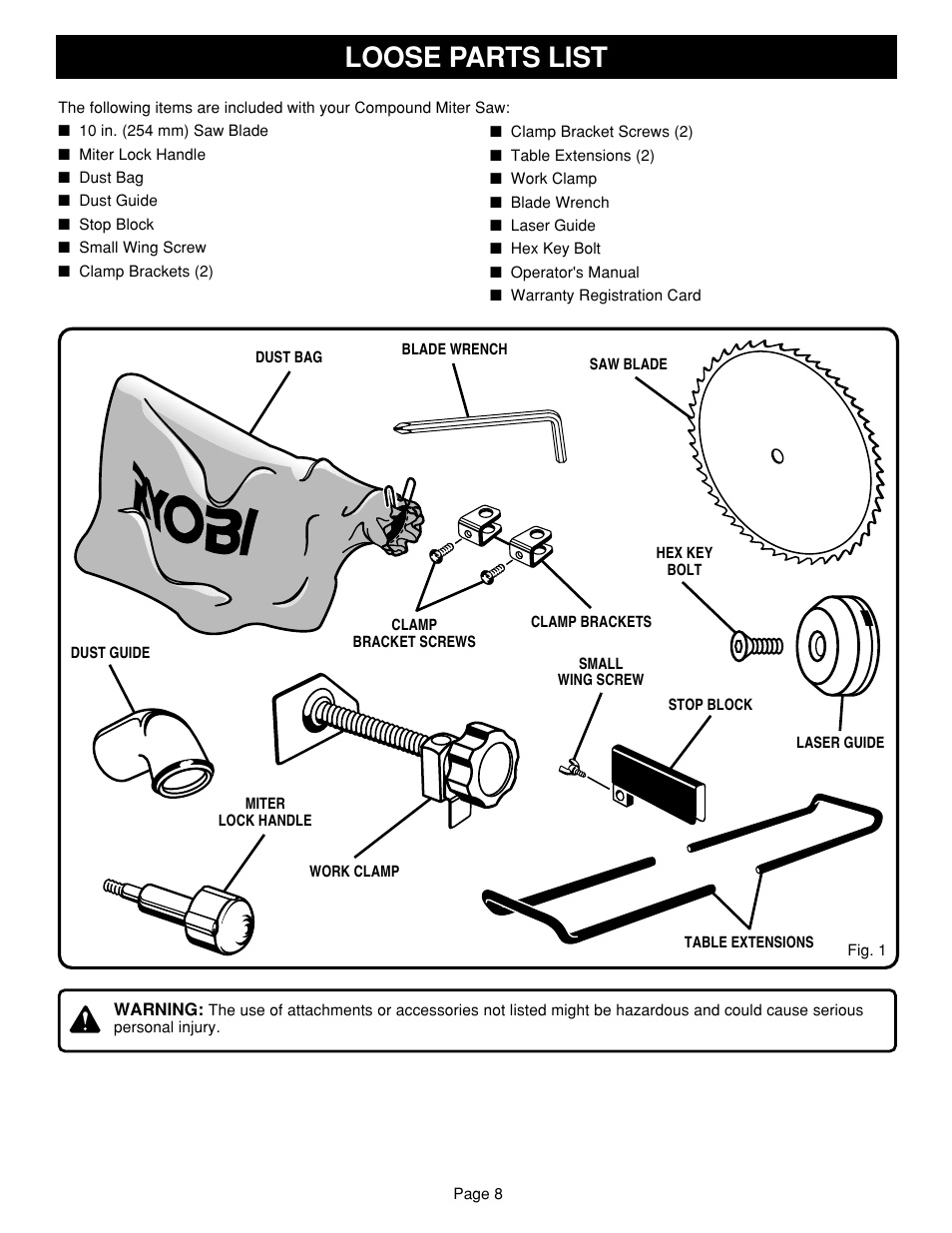 Loose parts list | Ryobi TS1351 User Manual | Page 8 / 30