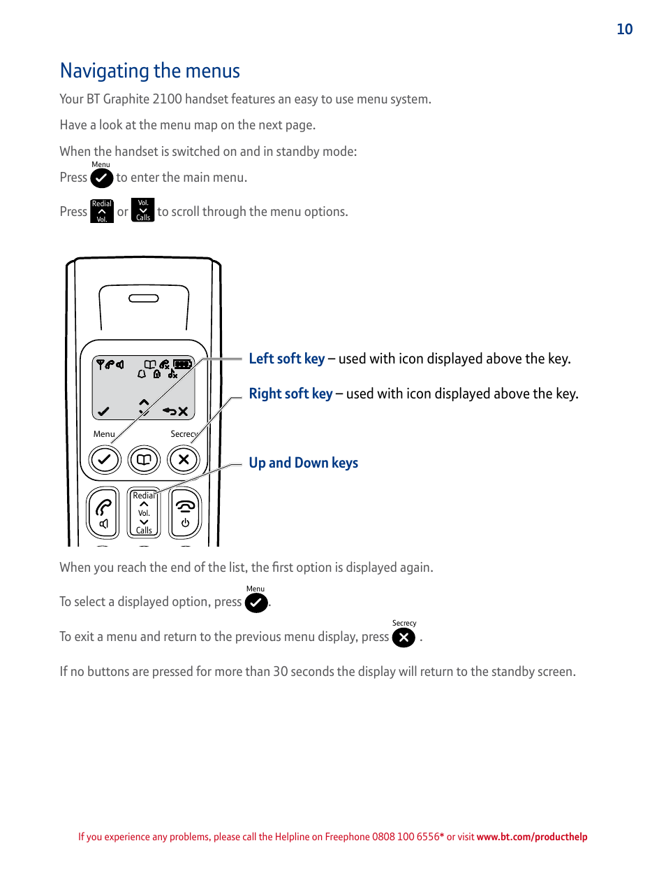 Navigating the menus, Menu / left soft key | BT GRAPHITE 2100 User Manual | Page 10 / 39