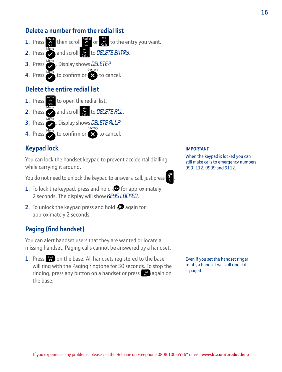 Delete a number from the redial list, Delete the entire redial list, Keypad lock | Paging (find a handset), Press and hold to lock/unlock, The keypad to prevent accidental, Press to ring handsets registered, Paging (find handset) | BT GRAPHITE 2100 User Manual | Page 16 / 39