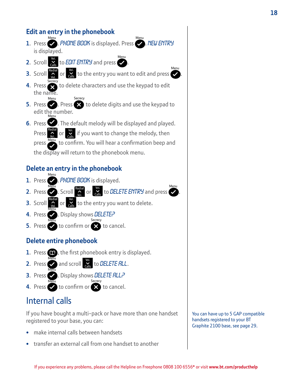 Edit an entry in the phonebook, Delete an entry in the phonebook, Delete entire phonebook | Internal calls | BT GRAPHITE 2100 User Manual | Page 18 / 39