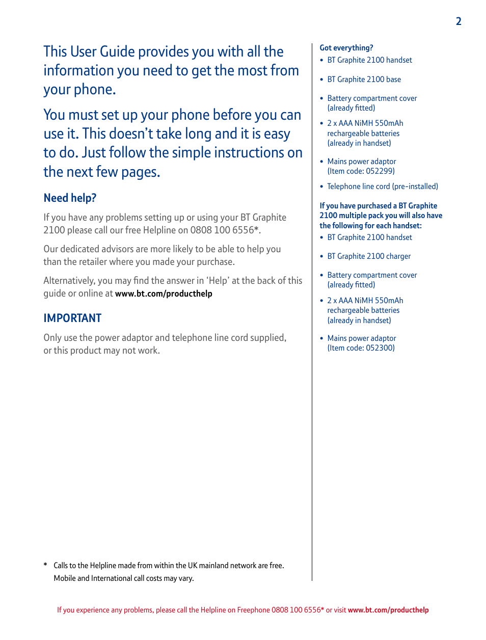 Need help, Important | BT GRAPHITE 2100 User Manual | Page 2 / 39