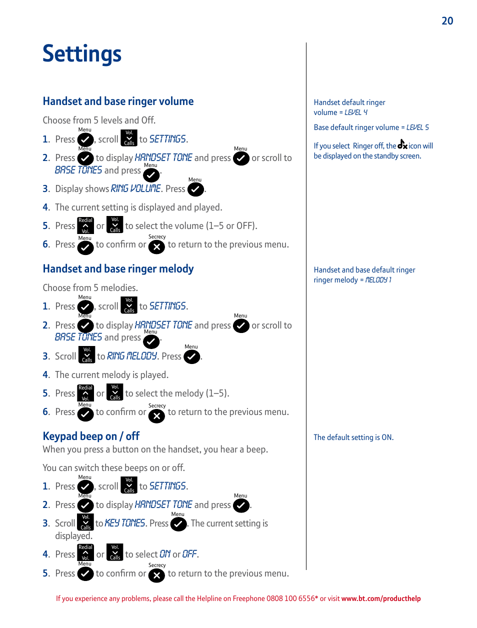 Handset and base ringer volume, Handset and base ringer melody, Keypad beep on / off | Settings | BT GRAPHITE 2100 User Manual | Page 20 / 39