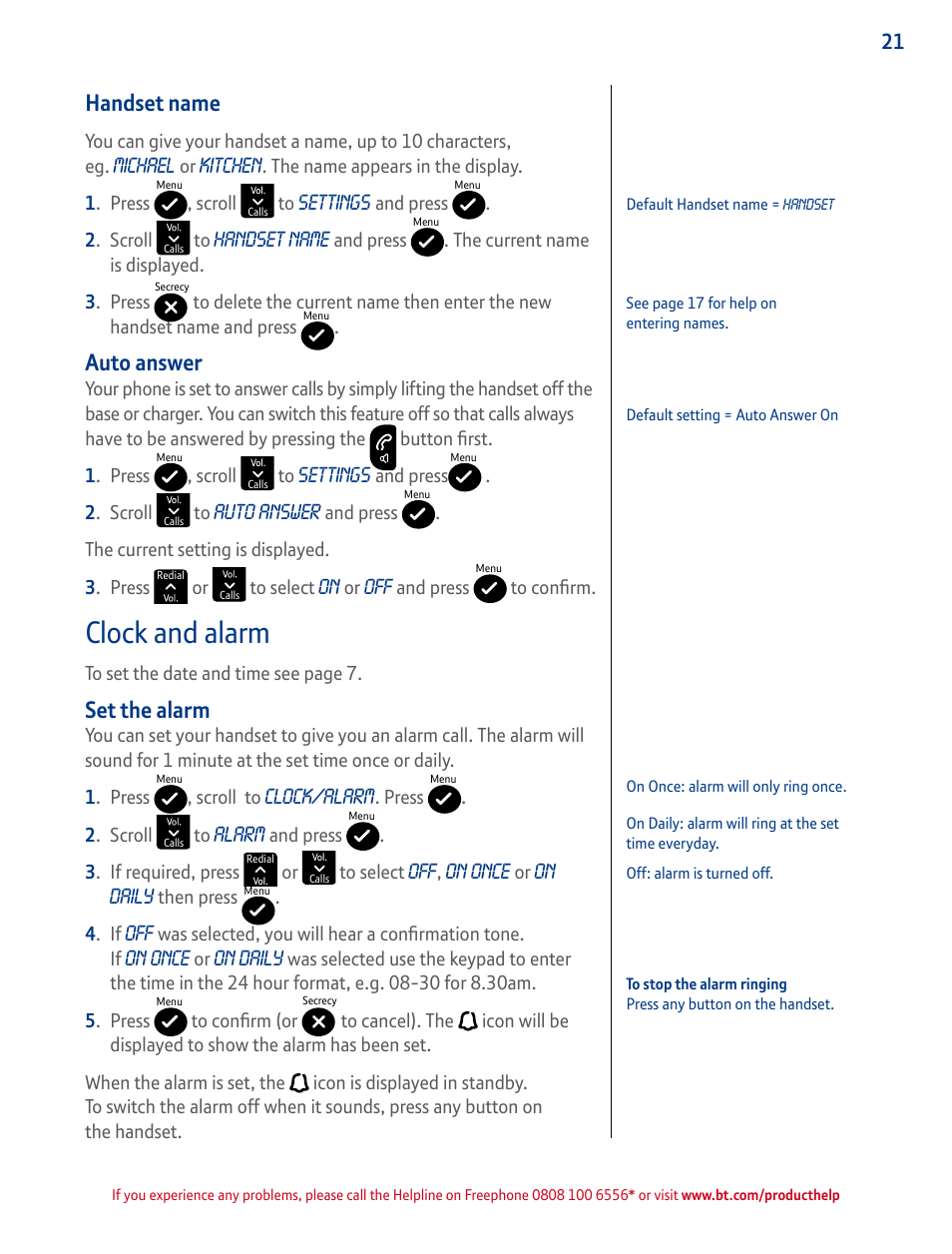 Handset name, Auto answer, Clock and alarm | Set the alarm | BT GRAPHITE 2100 User Manual | Page 21 / 39