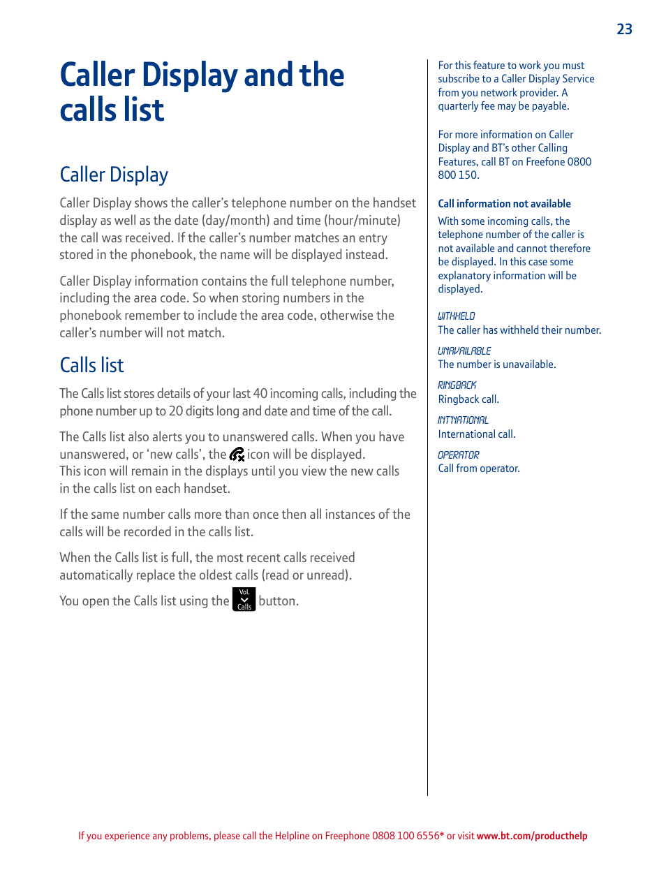 Caller display, Calls list, Caller display and the calls list | BT GRAPHITE 2100 User Manual | Page 23 / 39