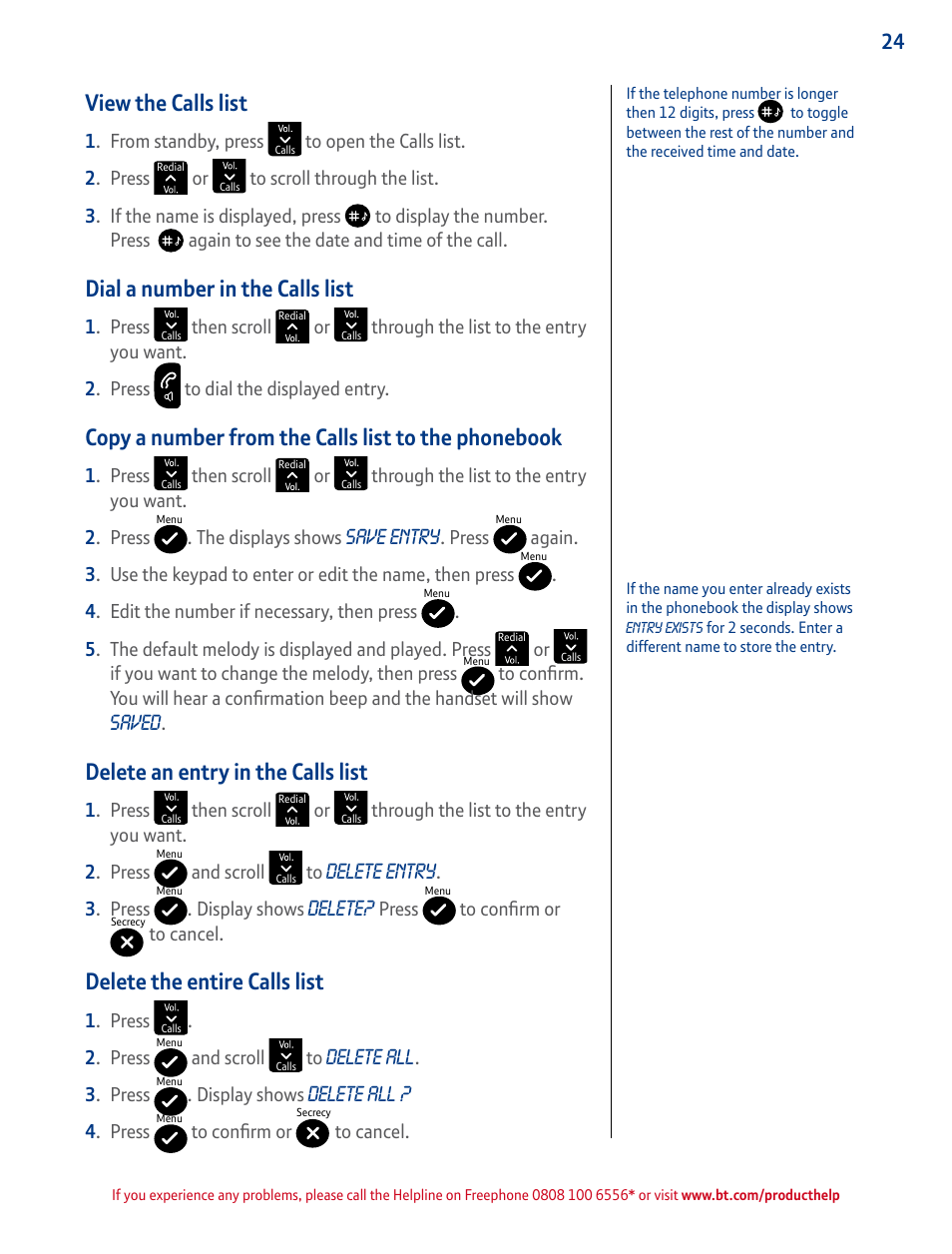 View the calls list, Dial a number in the calls list, Copy a number from the calls list to the phonebook | Delete an entry in the calls list, Delete the entire calls list, Calls list / vol, Press to open and scroll forward | BT GRAPHITE 2100 User Manual | Page 24 / 39