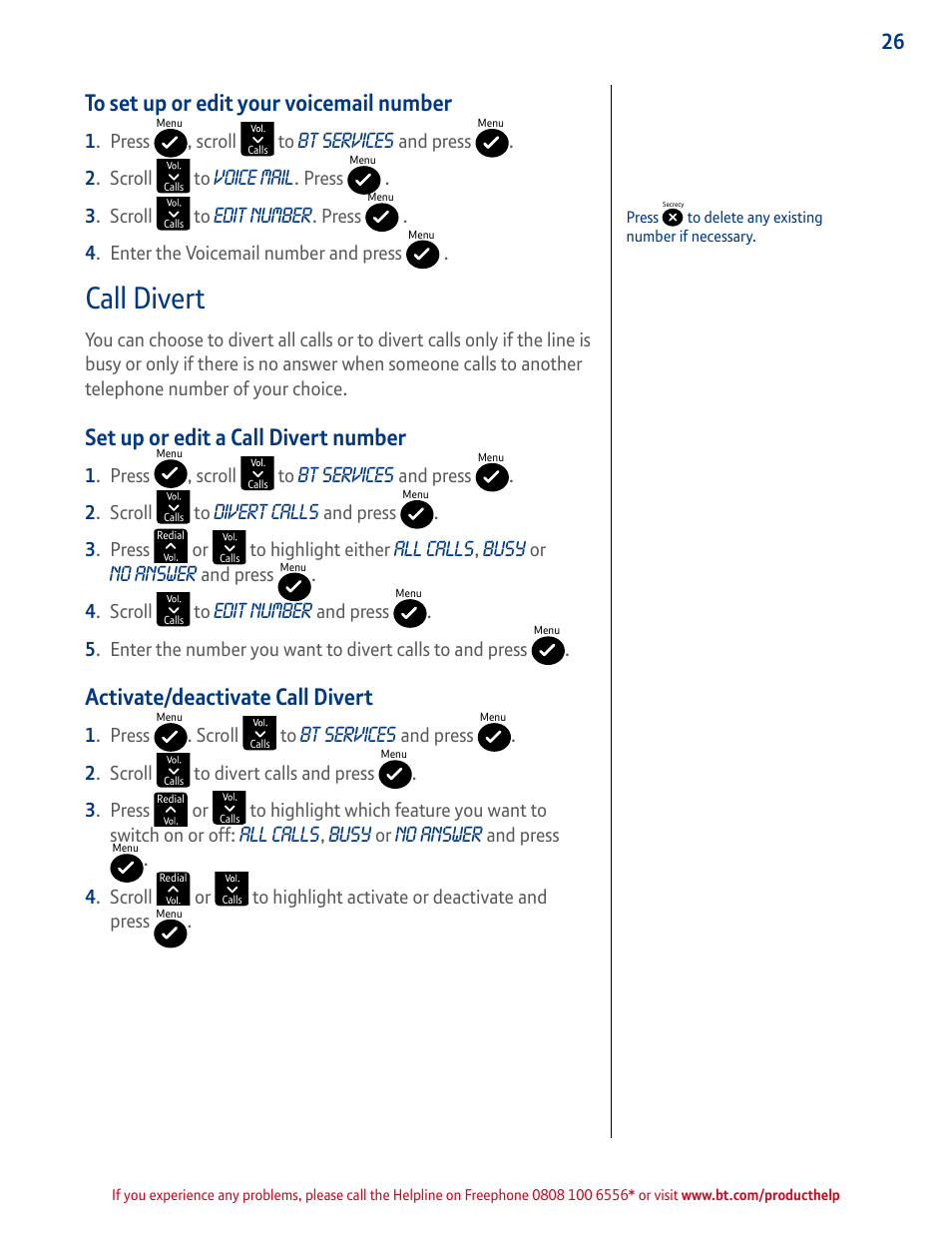 To set up or edit your voicemail number, Call divert, Set-up or edit a call divert number | Activate/deactivate a call divert number, Set up or edit a call divert number, Activate/deactivate call divert | BT GRAPHITE 2100 User Manual | Page 26 / 39
