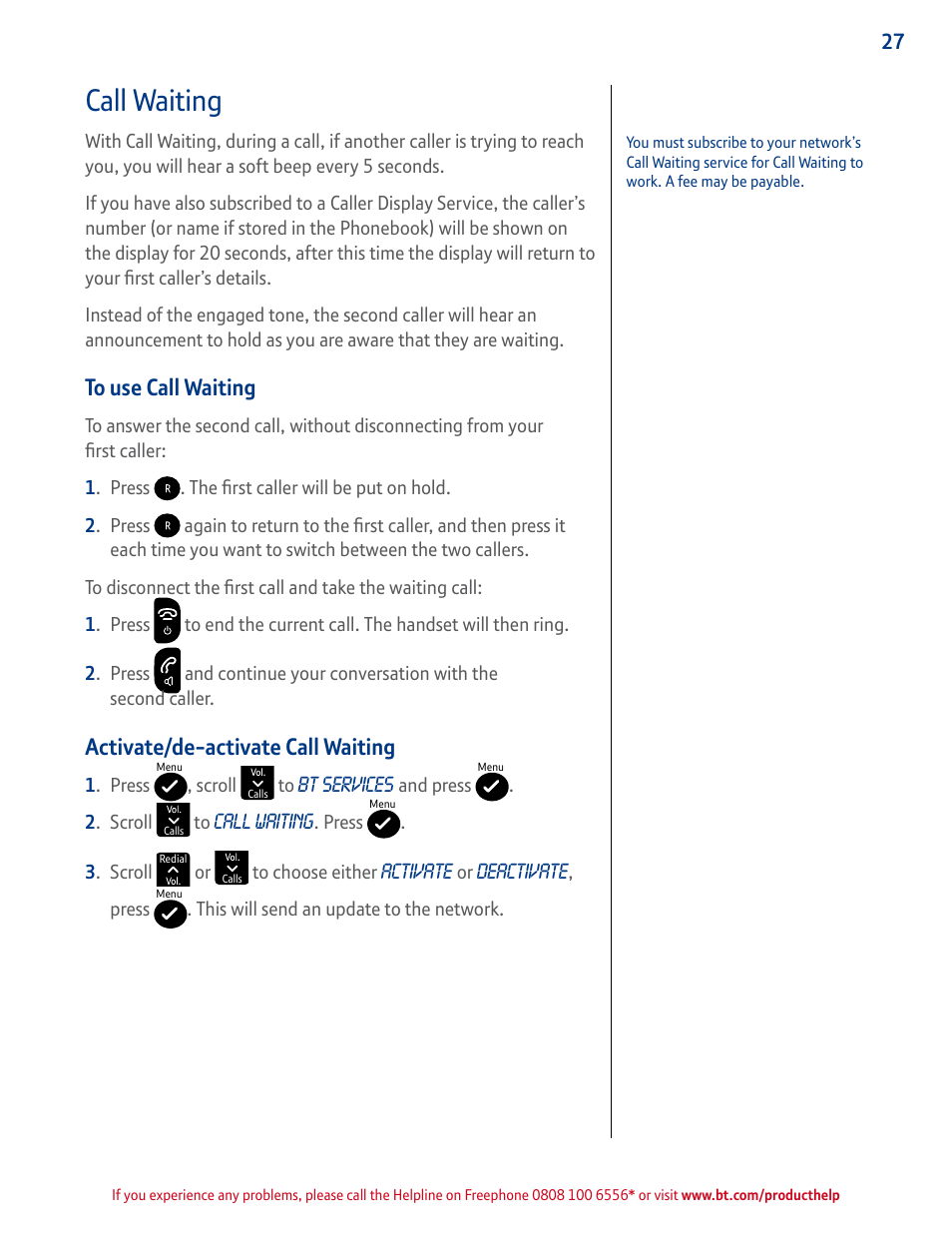 Call waiting, To use call waiting, Activate/deactivate call waiting | Activate/de-activate call waiting | BT GRAPHITE 2100 User Manual | Page 27 / 39