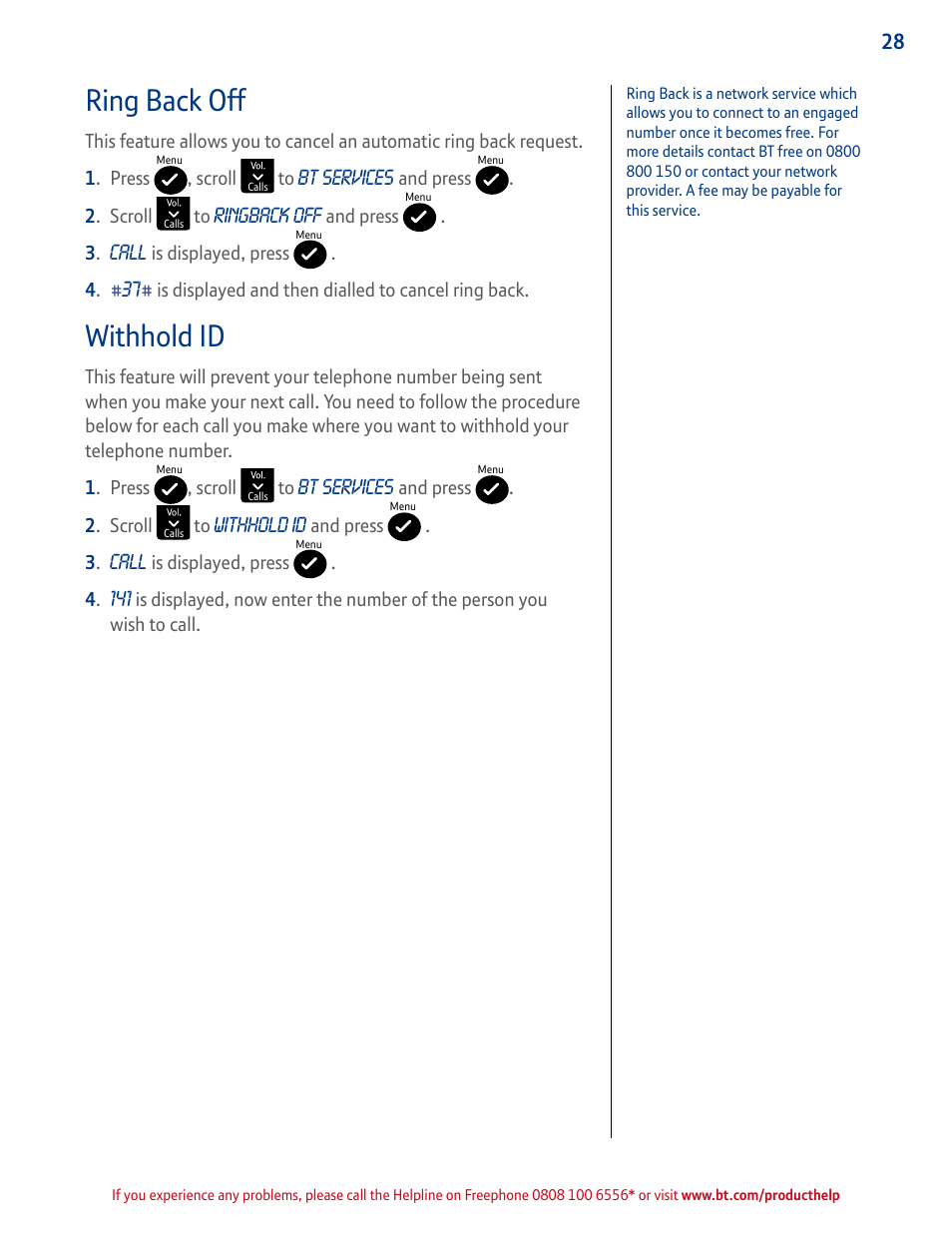 Ring back off, Withhold id | BT GRAPHITE 2100 User Manual | Page 28 / 39