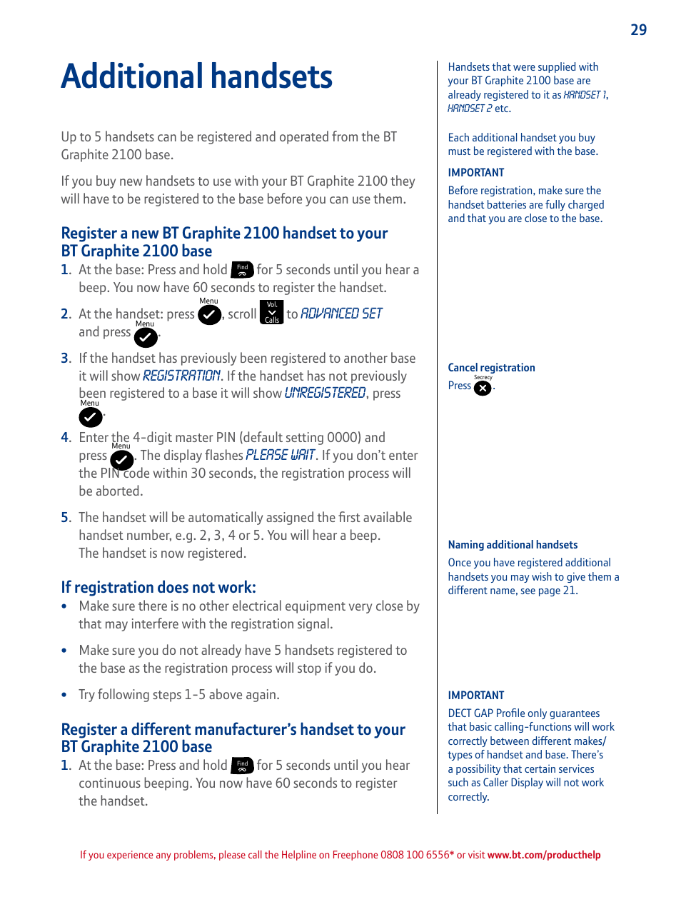 Press and hold to register new, Additional handsets, If registration does not work | BT GRAPHITE 2100 User Manual | Page 29 / 39