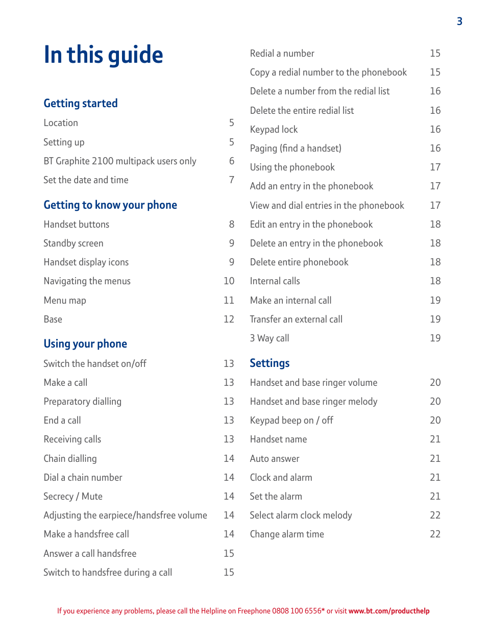 Getting started, Getting to know your phone, Using your phone | Settings | BT GRAPHITE 2100 User Manual | Page 3 / 39