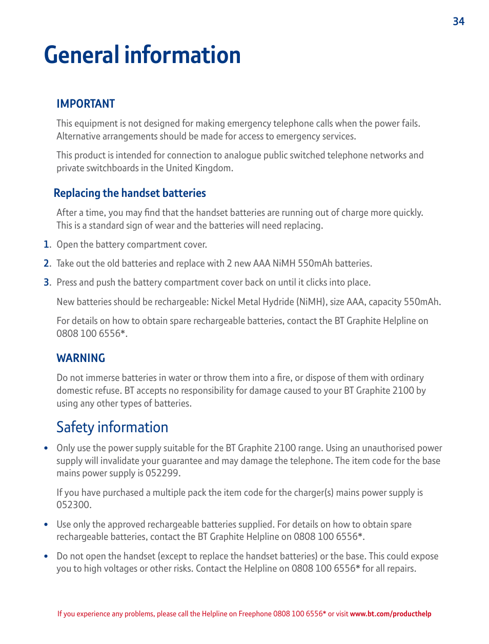 Replace the handset batteries, Safety information, General information | BT GRAPHITE 2100 User Manual | Page 34 / 39