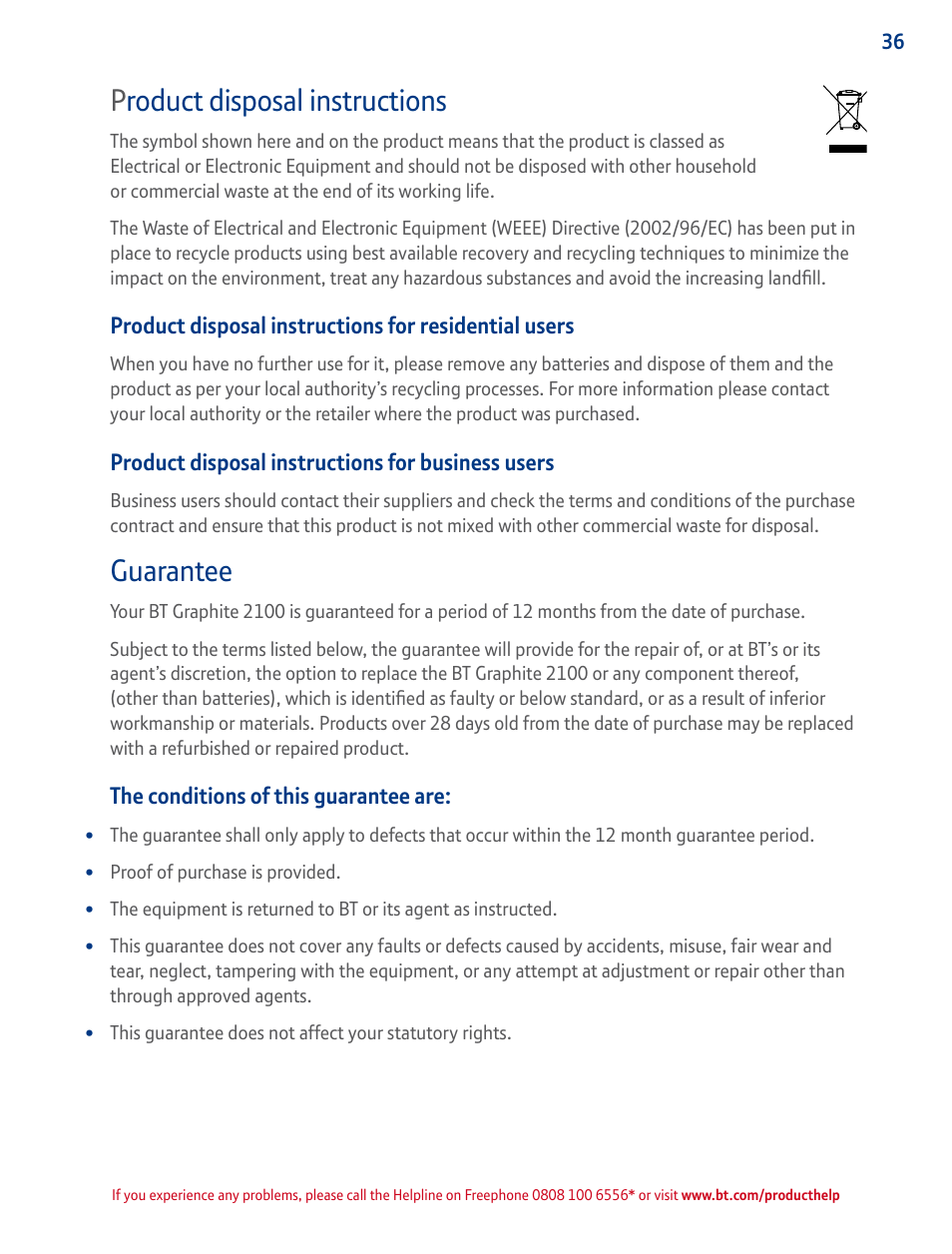 Product disposal instructions, Guarantee, P roduct disposal instructions | BT GRAPHITE 2100 User Manual | Page 36 / 39