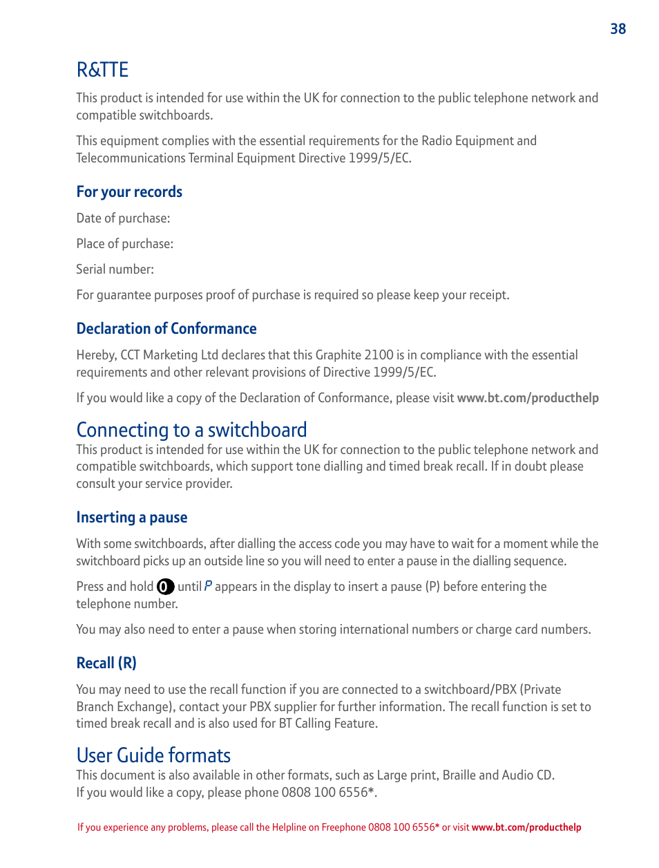 R&tte, Declaration of conformance, Connecting to a switchboard | Inserting a pause, Recall (r), User guide formats | BT GRAPHITE 2100 User Manual | Page 38 / 39