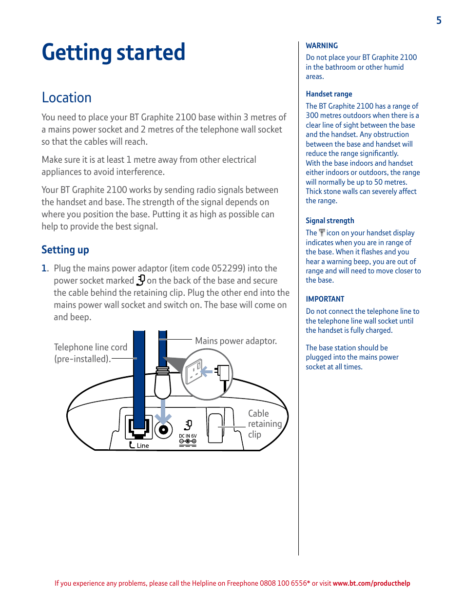 Location, Setting up, Getting started | BT GRAPHITE 2100 User Manual | Page 5 / 39