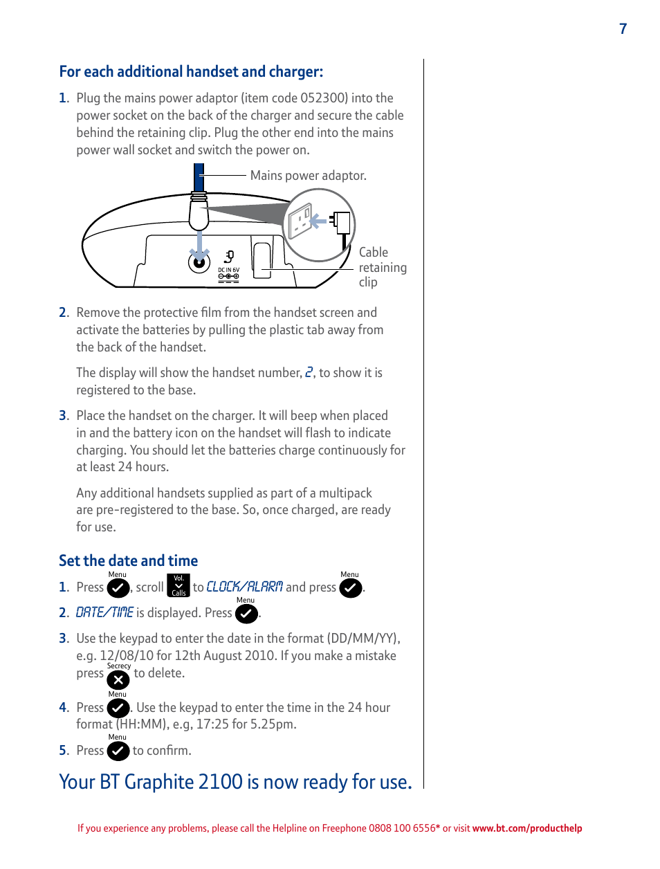 Set the date and time, Your bt graphite 2100 is now ready for use, For each additional handset and charger | BT GRAPHITE 2100 User Manual | Page 7 / 39