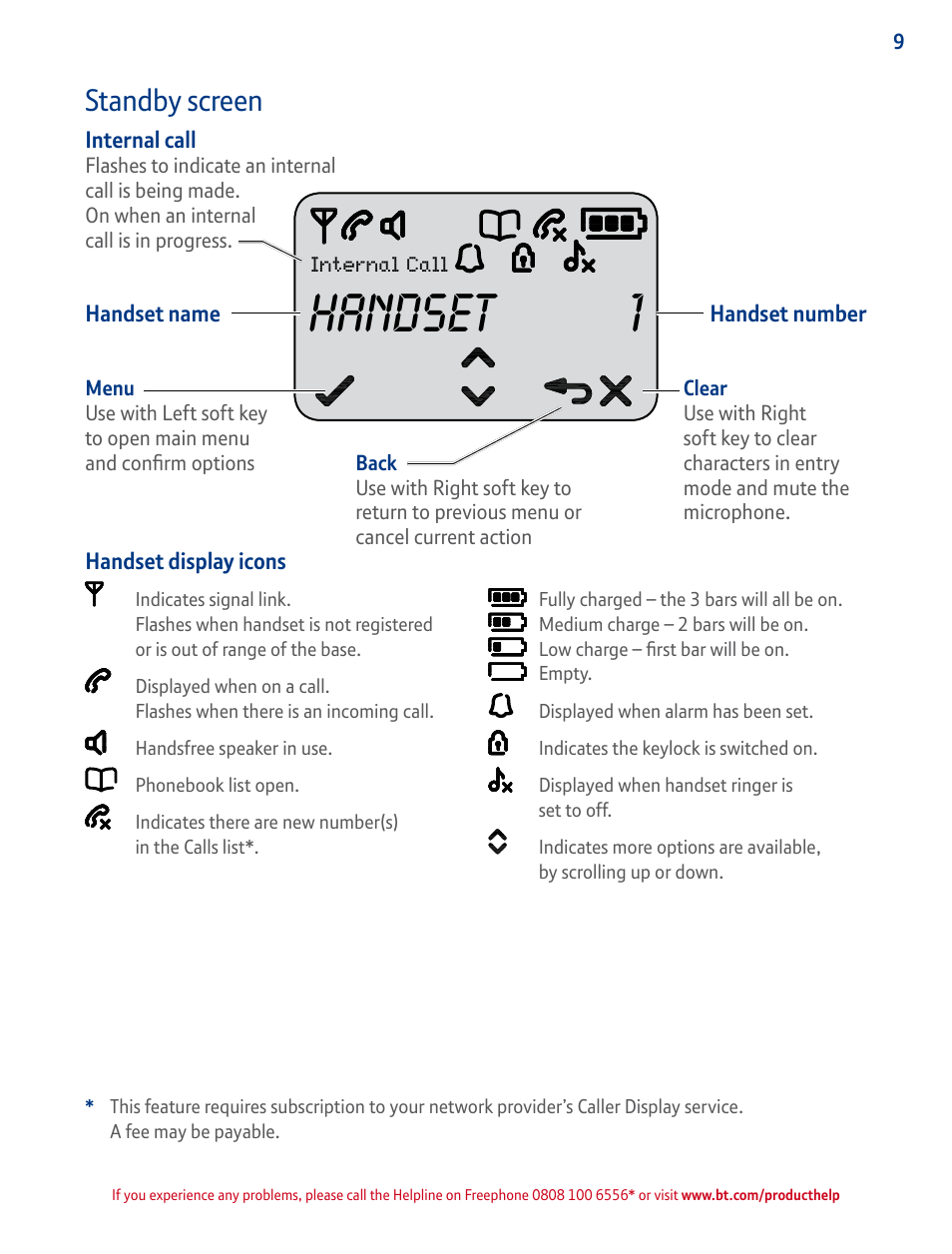 Standby screen, Handset display icons, Handset 1 | BT GRAPHITE 2100 User Manual | Page 9 / 39