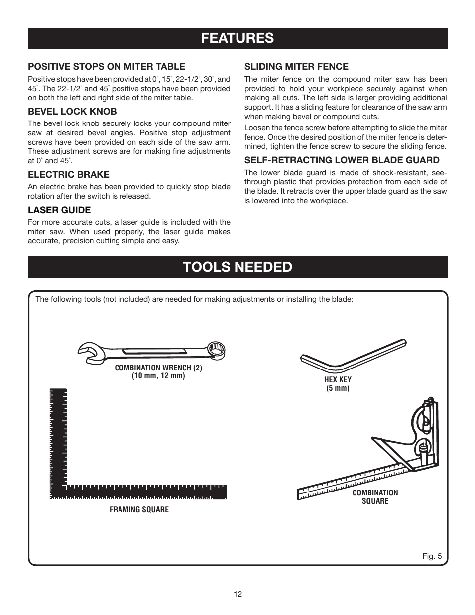 Features, Tools needed | Ryobi TS1354DXL User Manual | Page 12 / 32