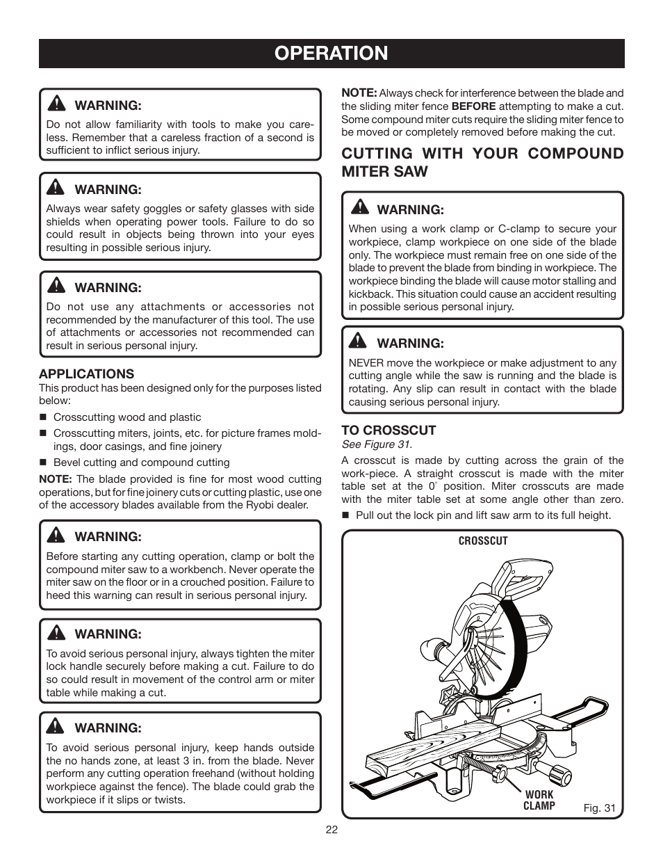 Operation, Cutting with your compound miter saw | Ryobi TS1354DXL User Manual | Page 22 / 32
