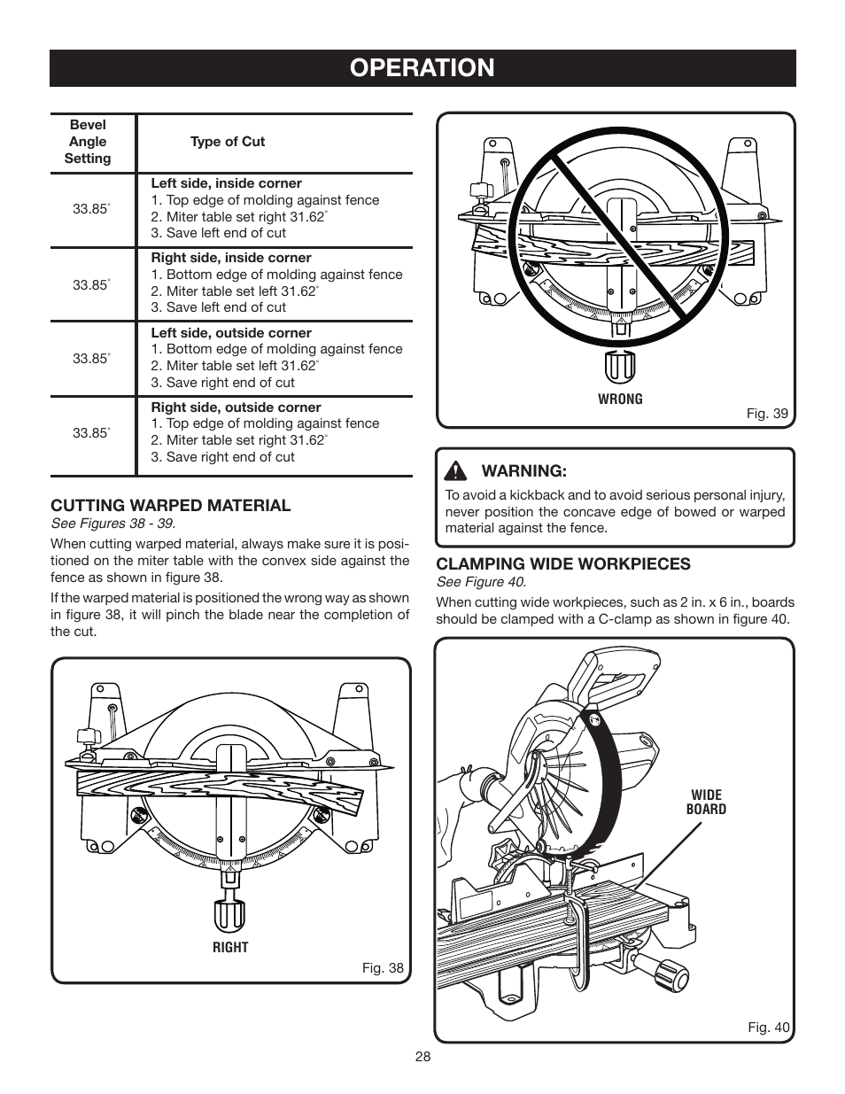 Operation, Warning, Clamping wide workpieces | Cutting warped material | Ryobi TS1354DXL User Manual | Page 28 / 32