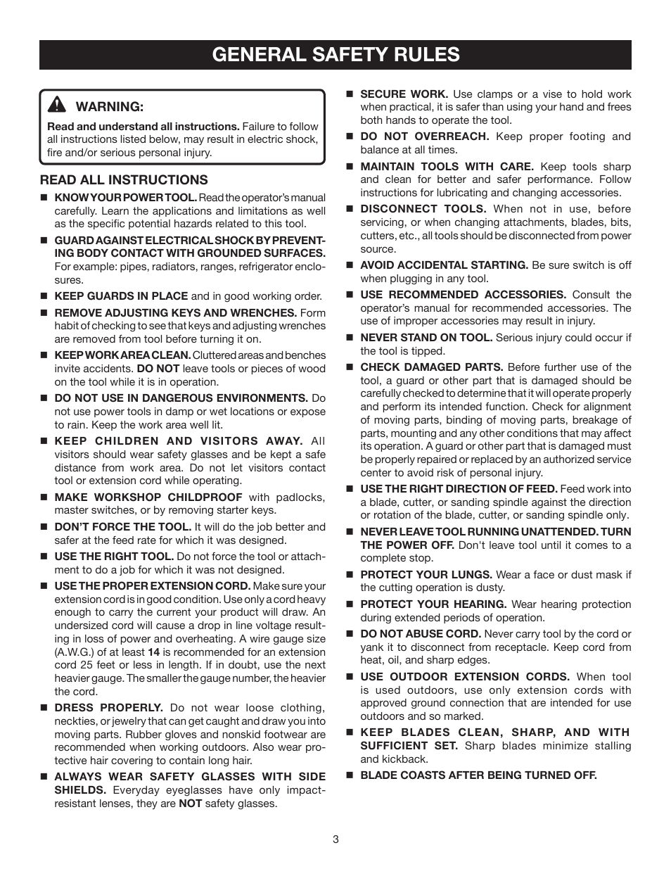 General safety rules | Ryobi TS1354DXL User Manual | Page 3 / 32