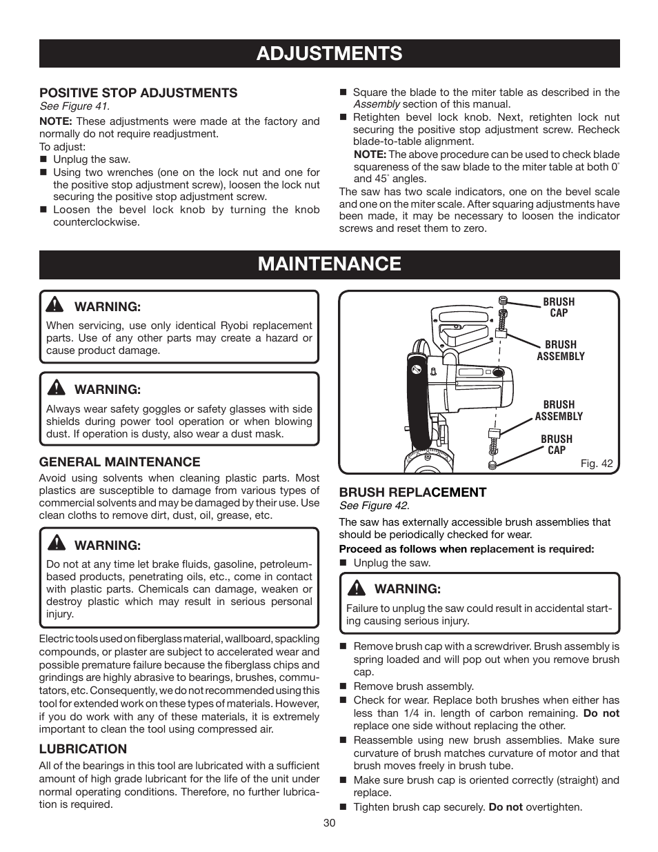 Maintenance, Adjustments | Ryobi TS1354DXL User Manual | Page 30 / 32