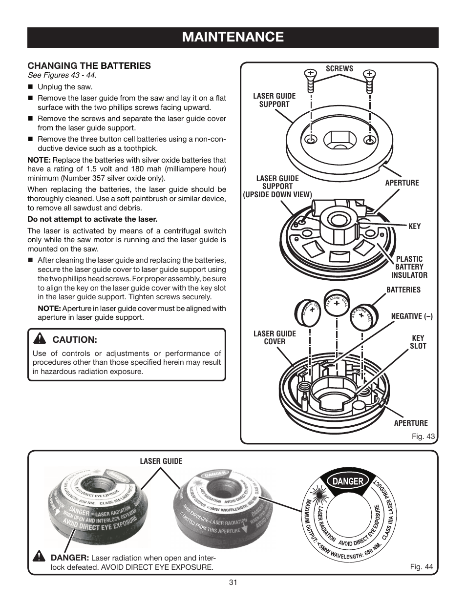 Maintenance, Changing th e batteries, Caution | Danger | Ryobi TS1354DXL User Manual | Page 31 / 32