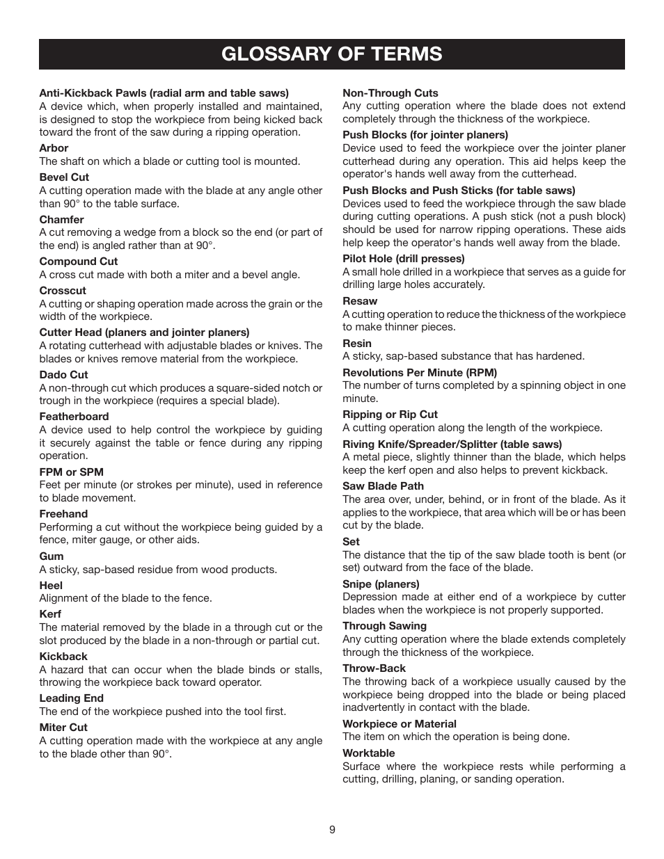 Glossary of terms | Ryobi TS1354DXL User Manual | Page 9 / 32