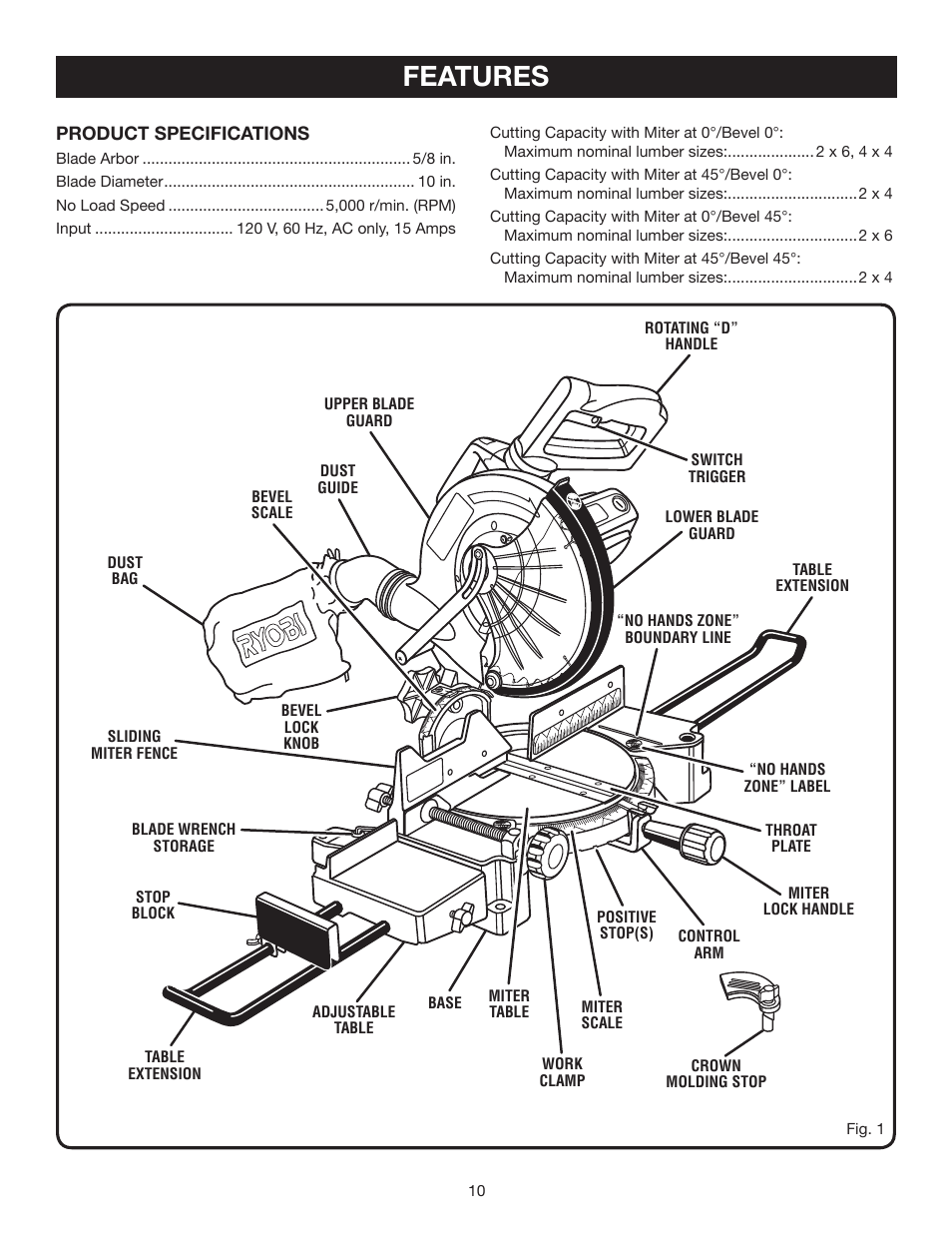 Features | Ryobi TS1355L User Manual | Page 10 / 34
