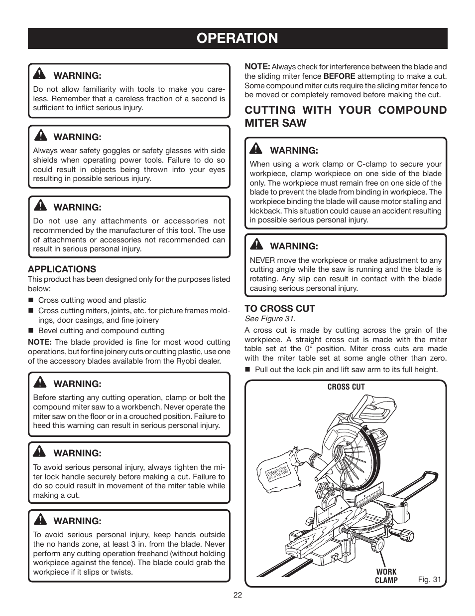Operation, Cutting with your compound miter saw | Ryobi TS1355L User Manual | Page 22 / 34