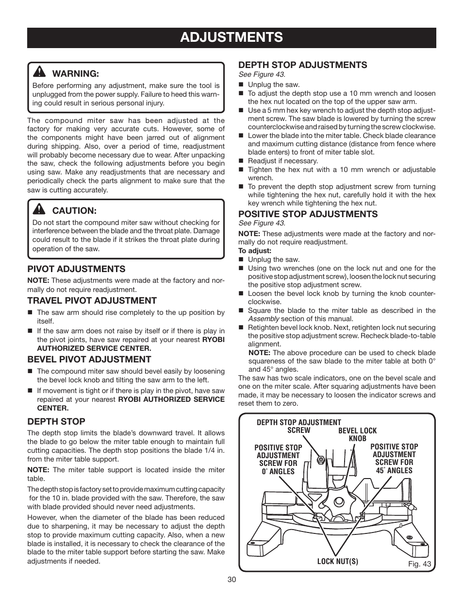 Adjustments | Ryobi TS1355L User Manual | Page 30 / 34